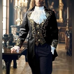 Elegant Victorian Inspired Red Embroidered Men's Steampunk Tailcoat